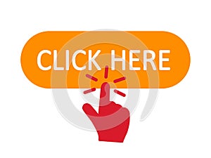 Click here button with hand pointer clicking. Click here web button. Isolated website buy or register bar icon with hand finger photo